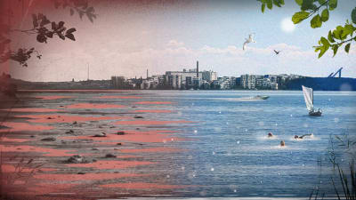 Tyylitelty kuva järvestä, jonka vesi on osittain likaisen punertavaa ja osin kirkkaan sinistä.