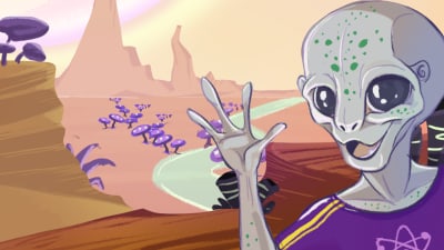 Piirroskuva. Isosilmäinen, hyönteispäinen alien-hahmo vilkuttaa hyväntuulisena vuoristoisella planeetalla.