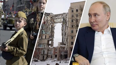 Fotomontage med tre bilder. Barn som uppträder i segerdagens parad i Ryssland. Den förstörda byggnaden i staden Mykolaiv. Rysslands president Vladimir Putin.