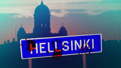Tuomiokirkon siluetti, jonka edessä verinen Hellsinki -kyltti