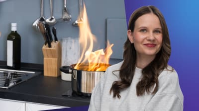 Laura Törnroos står framför en bild på en spis med en kastrull som brinner. 