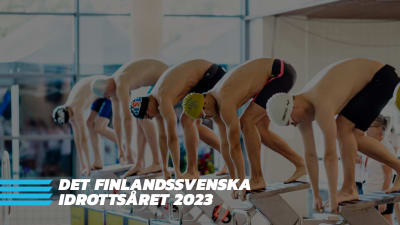 Fem tävlingssimmare står beredda att dyka ner i simbassängen under en tävling, i bildens nedre kant syns texten "Det finlandssvenska idrottsåret 2023".
