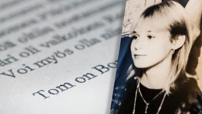Till vänster kan du se slutet av det tryckta brevet och signaturen "Tom". Till höger ett gammalt foto av den försvunna Piia Ristikanarei som tonåring.