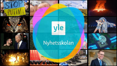 Ett kollage av nyhetsbilder med logon för Yle Nyhetsskolan.