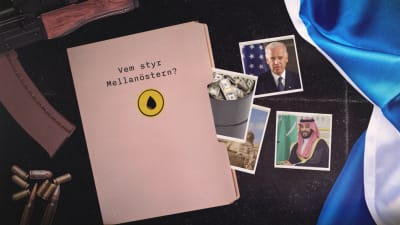 Ett grafiskt kollage med en mapp med rubriken "Vem styr Mellanöstern?". På bilden finns fotografier av USA:s president Joe Biden och Saudiarabiens Mohammed bin Salman.