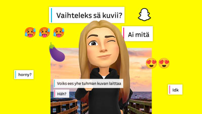 Kollaasikuvitus, jossa keltaisenäkyy emojeja ja viestejä sekä Snapchatissa käytettävä Bitmoji-avatarhahmo.
