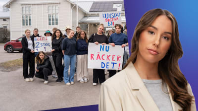 Isabella Biorac Haaja står framför en bild på studerande vid Hangö gymnasium som protesterar mot regeringens planer på nedskärningar.