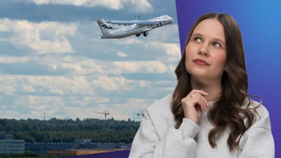 Laura Törnroos står framför en bild på ett flygplan i luften.