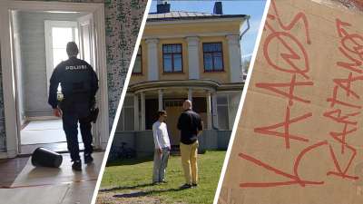 Ett bildkollage med tre bilder. En bild har en polis som går i ett rum. En bild visar två män som pratar framför ett hus. Den tredje visar texten "kaaoskartano" skrivet i rött på kartong.