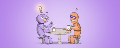 Kuvassa kaksi kuvitettua robottihahmoa keskustelevat pöydän äärellä.