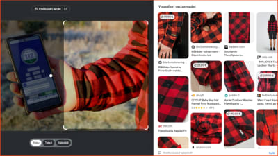 Kuvakaappaus Google Lens -hausta, jossa hakualuetta on rajattu automaattisesti paitaan ja vieressä näkyy paitaan liittyviä tuotteita.