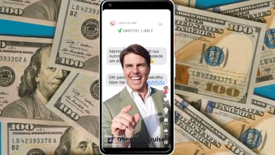 Ett bildkollage med en massa 100 dollar sedlar i bakgrunden och en mobiltelefon ovanpå. I telefonen synd falska meddelanden och en leende falsk Tom Cruise.