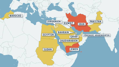 Karta över MÖ och norra Afrika med Saudiarbiens Jemenkoalition och Iran utmärkt. Gjord 25.3.2015