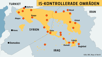 Karta över IS-konrollerade områden i Irak och Syrien