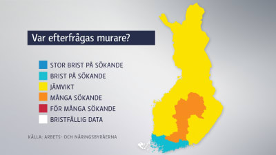 Grafik över efterfrågan av murare. Mest efterfrågan är det i södra Finland. Grafiken baserar sig på Arbets- och näringsbyråernas uppgifter över arbetssökande. Mer exakta uppgifter om hur behovet ser ut i en specifik stad finns på www.ammattibarometri.fi.