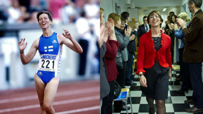Två bilder på Sari Essayah - en som idrottare, en som politiker.
