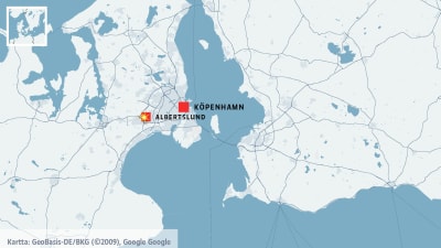 Karta på Själland och västra södra Sverige med Köpenhamn och Albertslund utmärkta.