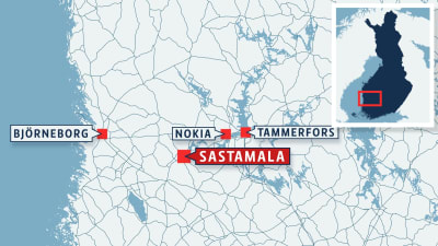 Kartan visar att Sastamala ligger i närheten av Nokia och Tammerfors.