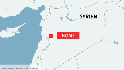 Kartan visar att Homs ligger nära gränsen till Libanon i västra Syrien.