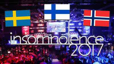Sveriges, Norges, och Finlands flaggor ovanför Insomnolence logotyp