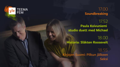 Yle Teema Fem programtablå, bild på Mårten Svartström och Sonja Kailassaari