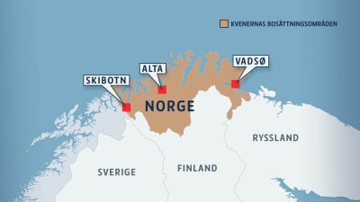 En karta över kvenernas bosättningsområden, från Vadsö i öster till Skibotn i väster.