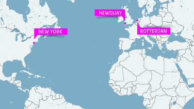 Karta med new York, Rotterdam och Newquay.