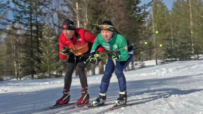 Stefan Storvall och Linnea Henriksson åker skidor i en backe.