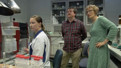 Östra Finlands universitet undersöker fem flaskor med silvervatten. På bilden från vänster Sonja Holopainen, Jouko Vepsäläinen och Annvi Gardberg (Yle).  