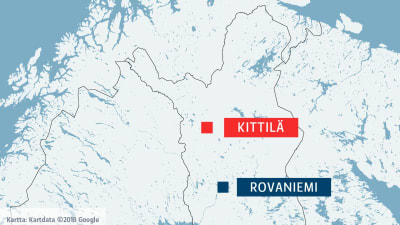 Karta över norra Finland och grannländer med Kittilä och Rovaniemi utmärkta