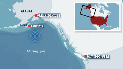 Karta som markerar läget för den kraftiga jordbävningen i Alaskagolfen i januari 2018