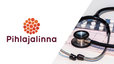Logo för Pihlajalinna och ett stetoskop och piller på en bild av hjärtfilm