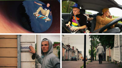 Neljä valokuvaa kollaasina, ylhäällä nuori mies skeittaa rampilla, vierssa kaksi nuorta miestä istuu autossa, alhaalla nuori mies seisoo ja osoittaa kylttiä Saaristokatu, vieressä kävelee kadulla pois päin kamerasta