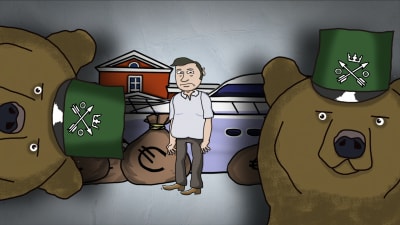 Animerad bild med en man omringad av skattebjörn, en säck pengar, ett hus och en lyxig båt.