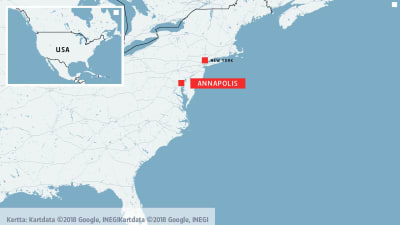 Karta över USA där Annapolis, Maryland är märkt lika som New York för referens.