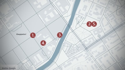 Karta med utplacerade punkter där de nämnda skräckhistorierna skett nära och i Åbo centrum.