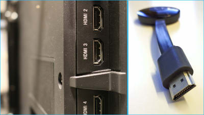Jaettu kuva: Television takana olevat HDMI-portit sekä Chromecast-mediasoittimen HDMI-pää.