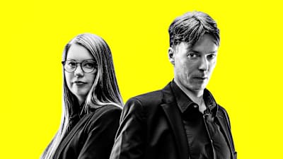 Politiikkaradion promokuva. Kuvassa Linda Pelkonen ja Tapio Pajunen.