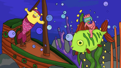 De animerade Hoppsorna är under vattnet. Den gula är en sjöjungfru vid ett sjunket skepp och den pinka rider med snorkel på en grön fisk.
