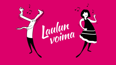 Laulun voima -yhteislaulutilaisuuden graafinen kuva. Kuvassa kaksi hahmoa laulaa.