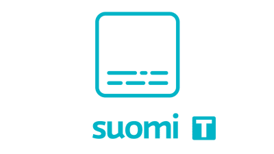 A symbol of an turquoise square with lines that looks like subtitles in the bottom. Underneath the text suomi and the letter T on a turquoise background.
