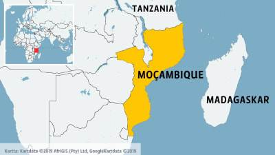 Karta över södra Afrika med Moçambique utmärkt med gult