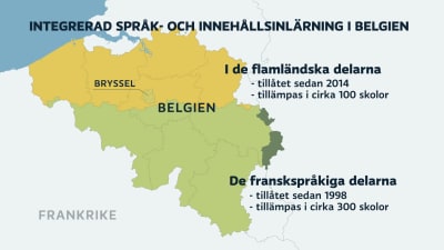 Grafik. Tvåspråkig undervisning erbjuds i 300 skolor i Vallonien och 100 skolor i Flandern. 