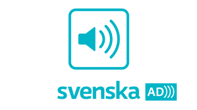 A turquoise symbol of an audio speaker with sound waves going to the right. Underneath the text Svenska and on a turquoise background the text AD and three waves.