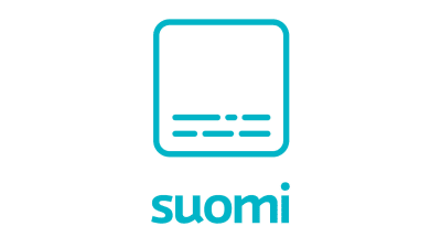 A symbol of an turquoise square with lines that looks like subtitles in the bottom. Under neath the text suomi.