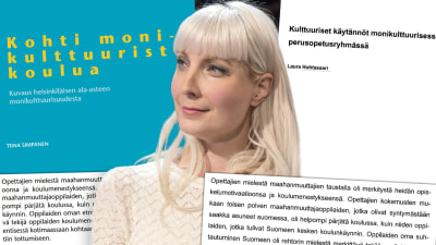 Laura Huhtasaari med pärmbilder och textstycken från sin egen och Tiina Simpanens gradu.