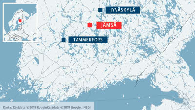 Karta över södra och mellersta Finland med Tammerfors, Jämsä och Jyväskylä utmärkta