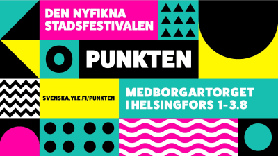 På bilden logon för stadsfestivalen Punkten. Punkten skriven i vitt på svart botten.