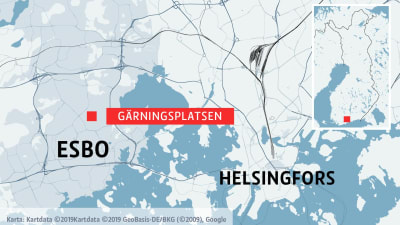 Karta över delar av Esbo och Helsingfors.
