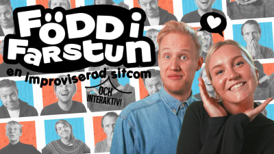 Simon Karlsson och Märta Westerlund i näsdagen 2019 promobild med grafik och texten Född i farstun sitcom.